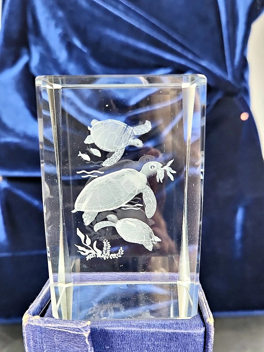Clear & White Engraved Turtle Glass Block Sculpture